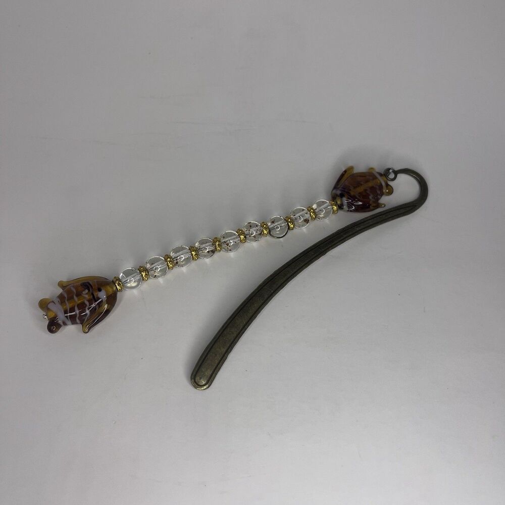 Decorative Gold Tone Metal Bookmark w/ Brown, Gold, Clear Beaded Dangling